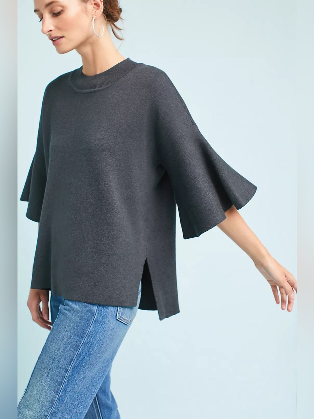 Anthropologie Sundays In Brooklyn Gray Bell Sleeve High Low Sweater Top M/L